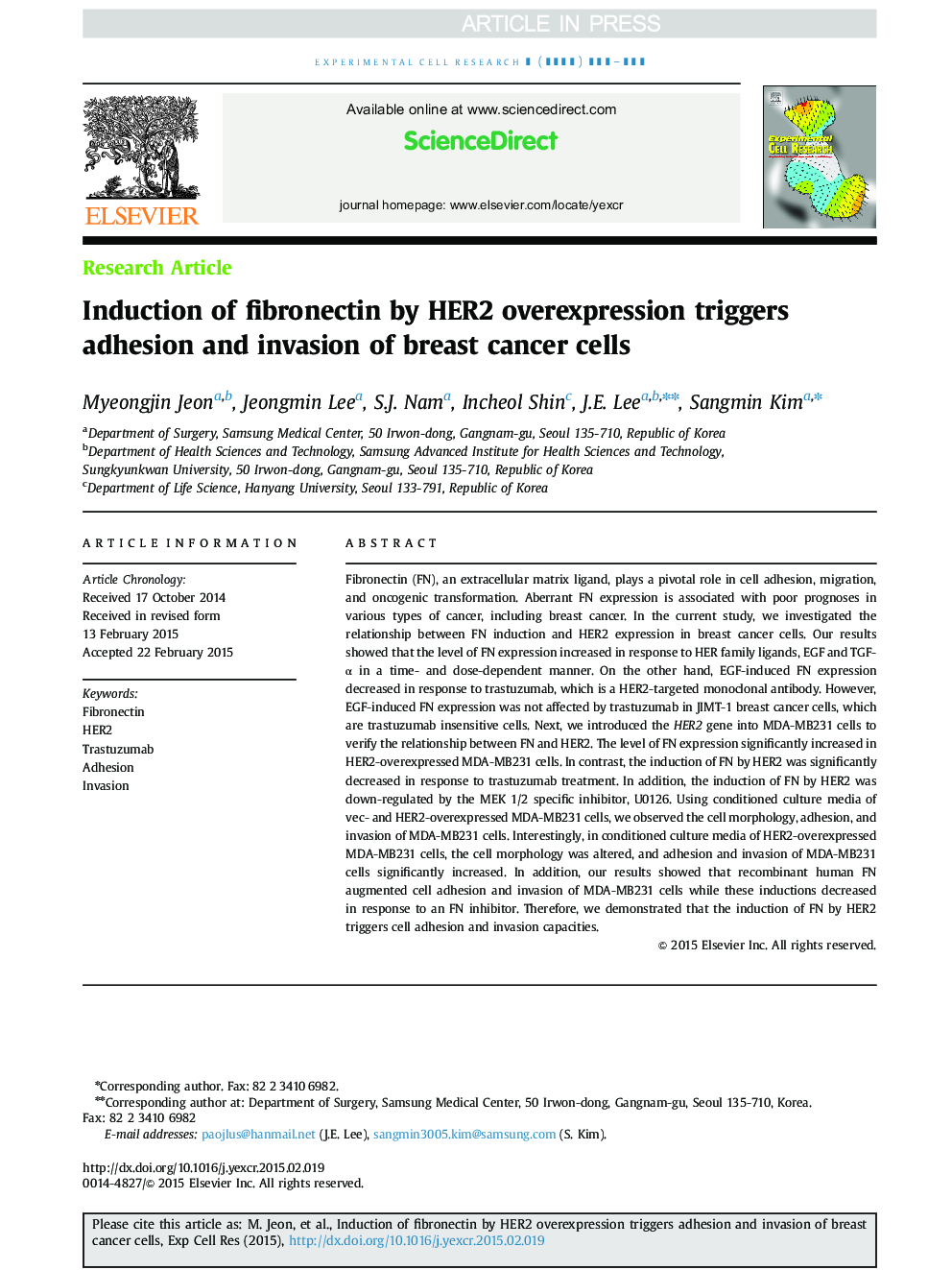 Induction of fibronectin by HER2 overexpression triggers adhesion and invasion of breast cancer cells