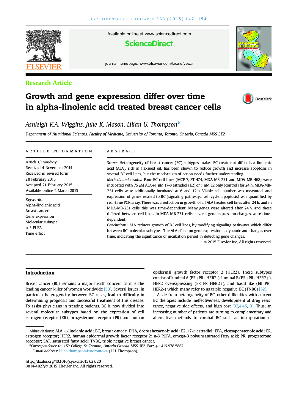 رشد و بیان ژن در طول زمان در سلول های سرطانی پستان درمان شده با اسید آلفا لینولنیک متفاوت است 