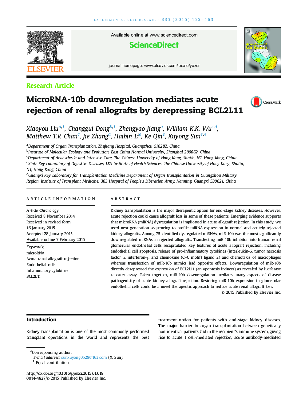 MicroRNA-10b downregulation mediates acute rejection of renal allografts by derepressing BCL2L11