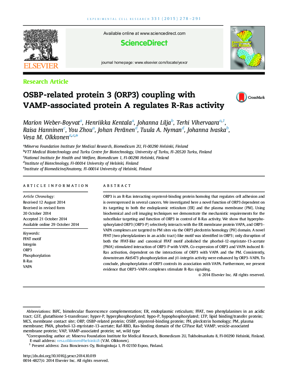 OSBP-related protein 3 (ORP3) coupling with VAMP-associated protein A regulates R-Ras activity