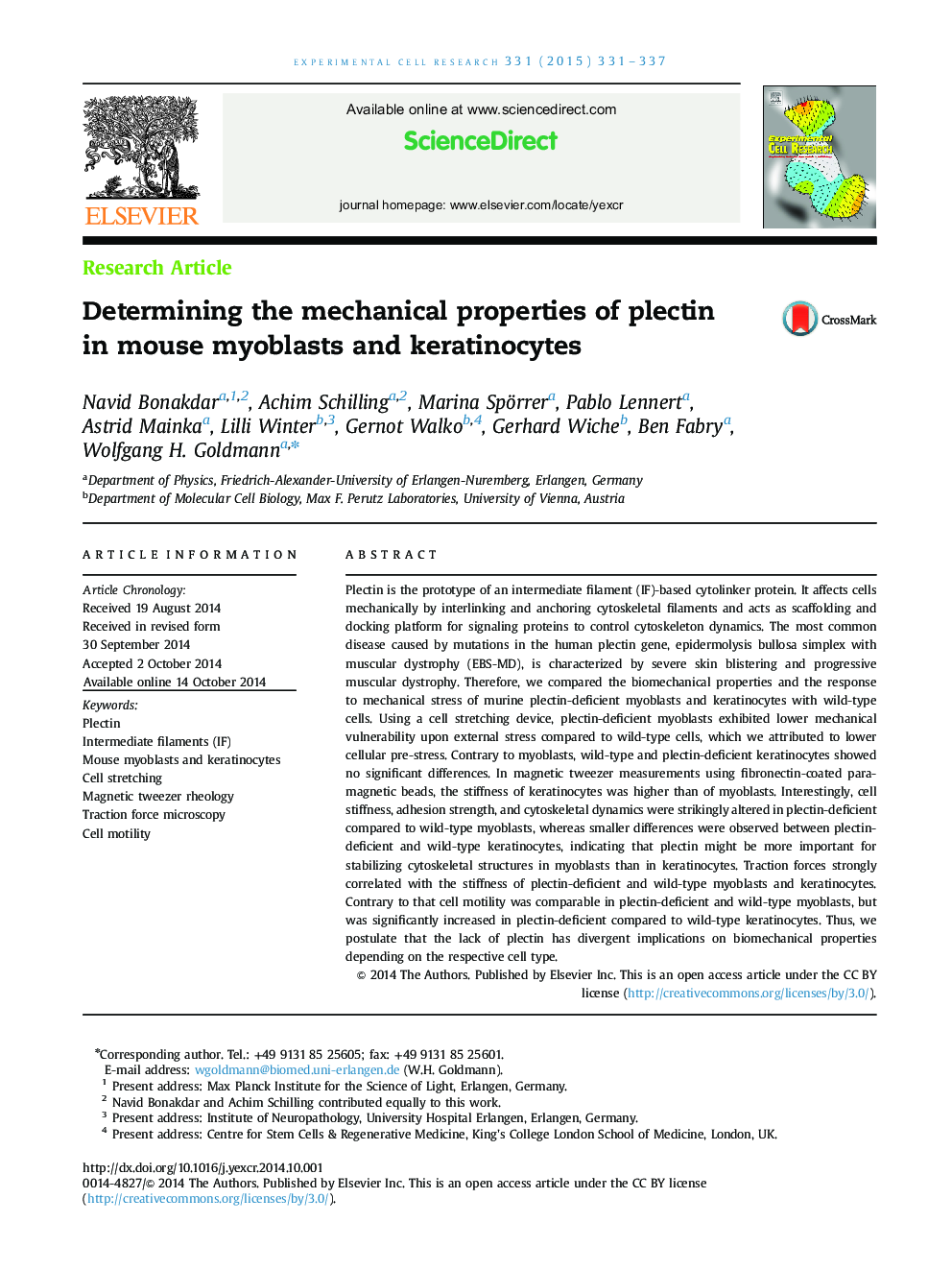 Determining the mechanical properties of plectin in mouse myoblasts and keratinocytes