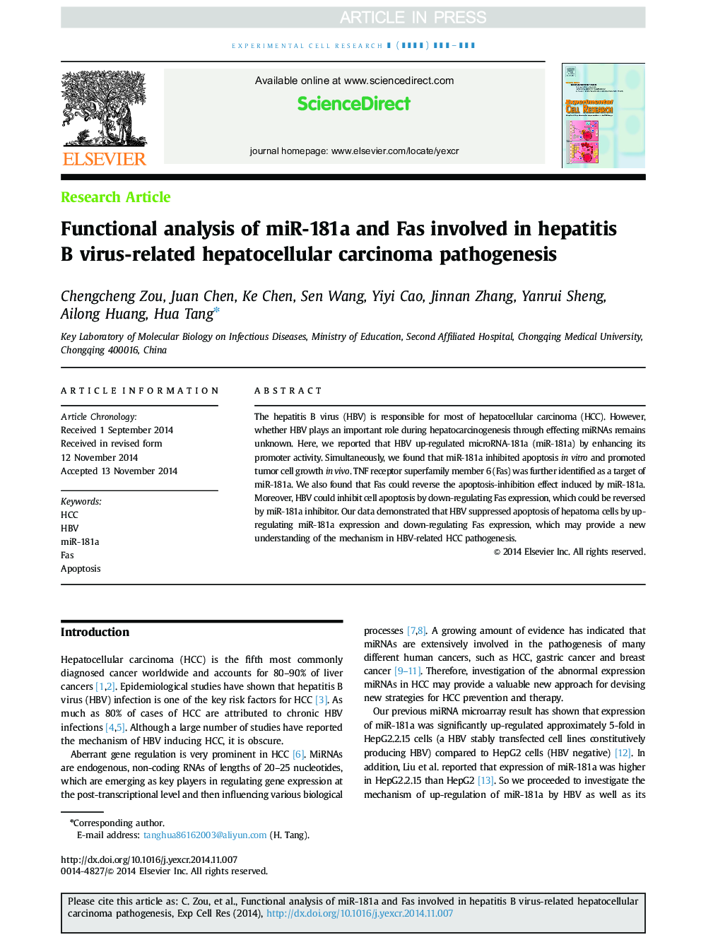 Functional analysis of miR-181a and Fas involved in hepatitis B virus-related hepatocellular carcinoma pathogenesis