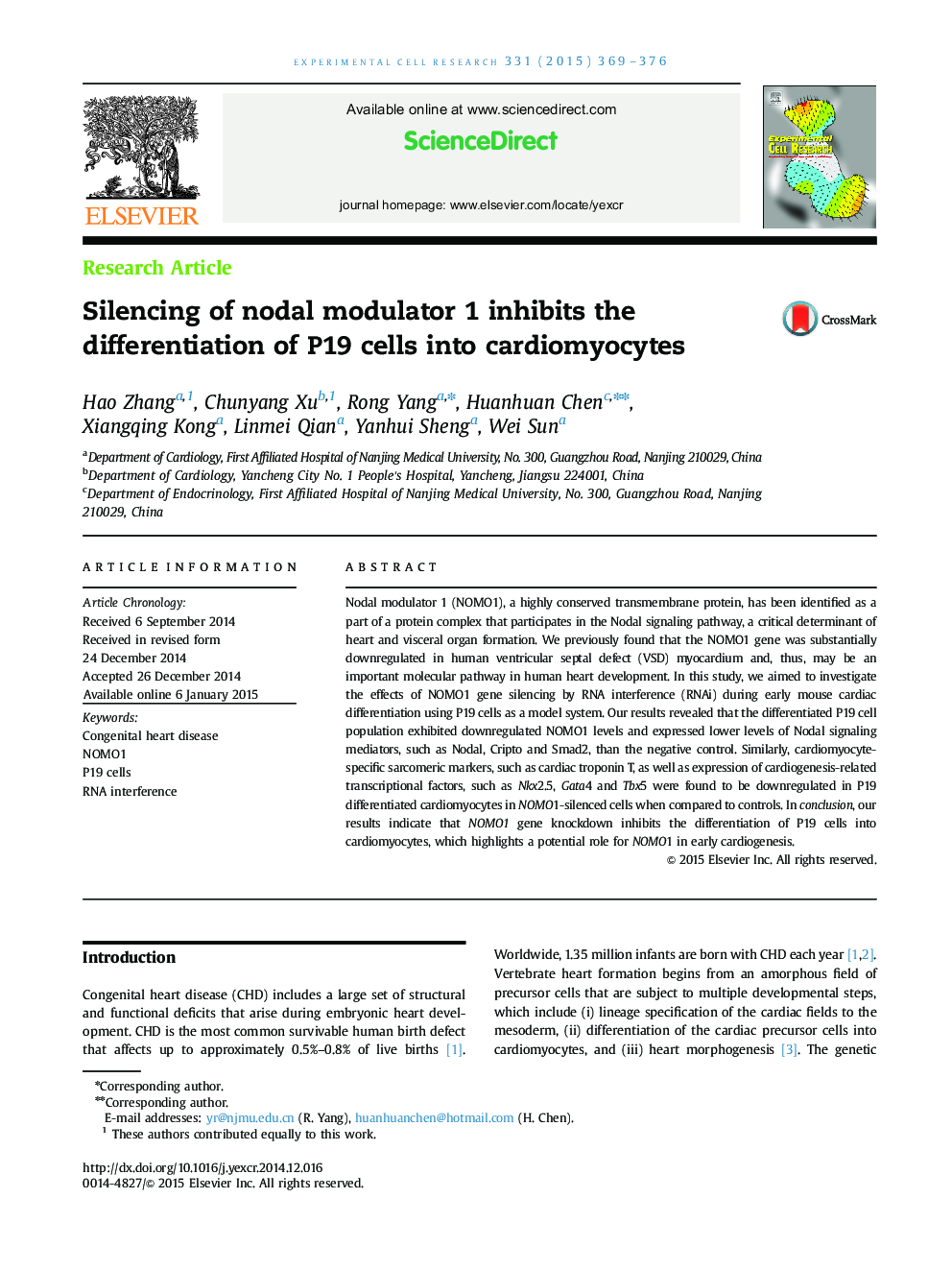 Silencing of nodal modulator 1 inhibits the differentiation of P19 cells into cardiomyocytes