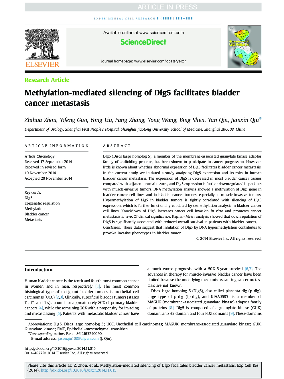 Methylation-mediated silencing of Dlg5 facilitates bladder cancer metastasis