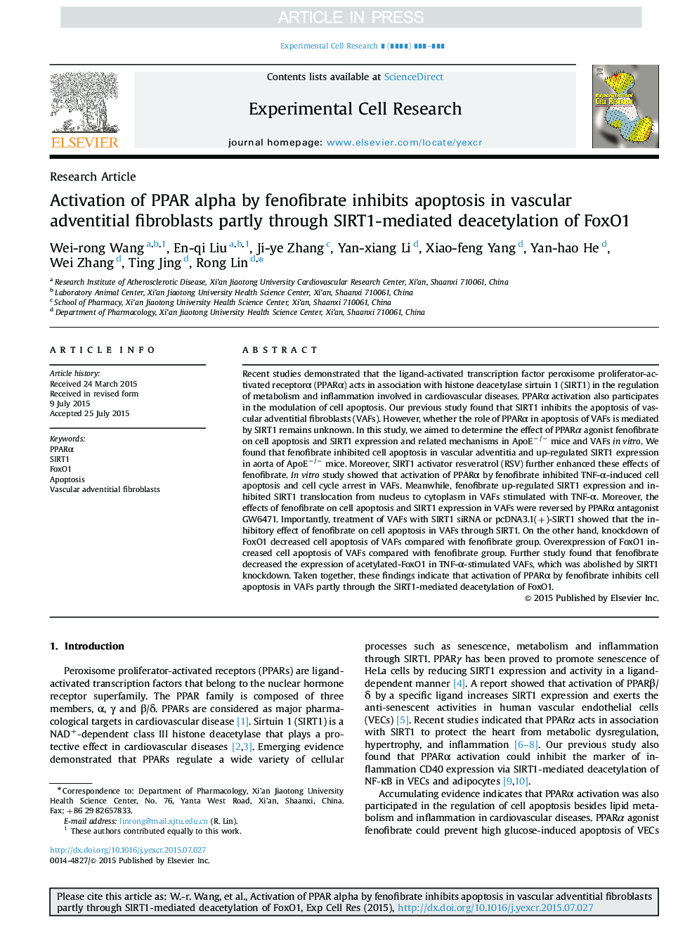 Activation of PPAR alpha by fenofibrate inhibits apoptosis in vascular adventitial fibroblasts partly through SIRT1-mediated deacetylation of FoxO1