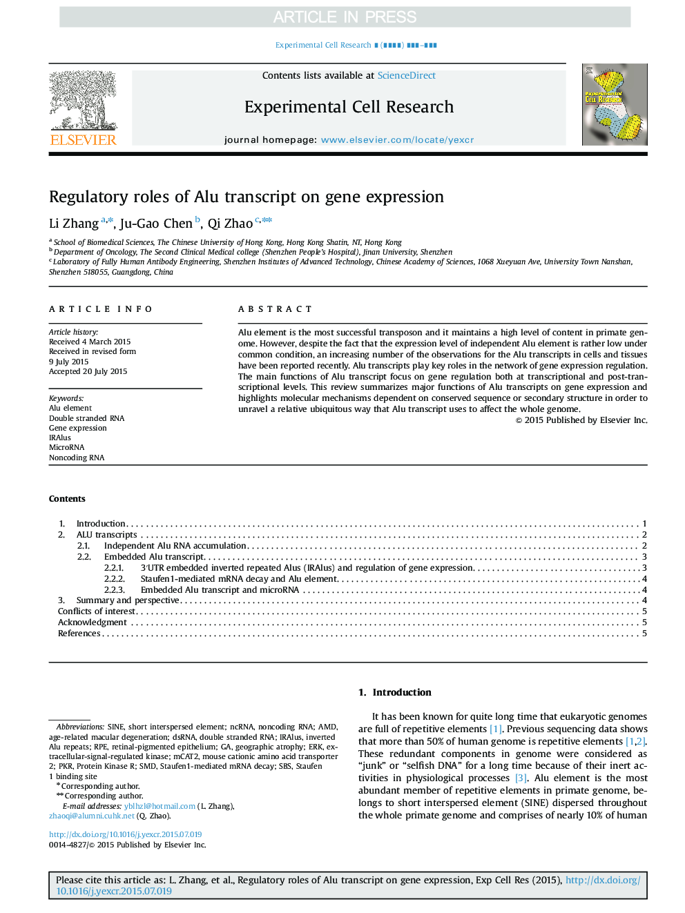 Regulatory roles of Alu transcript on gene expression