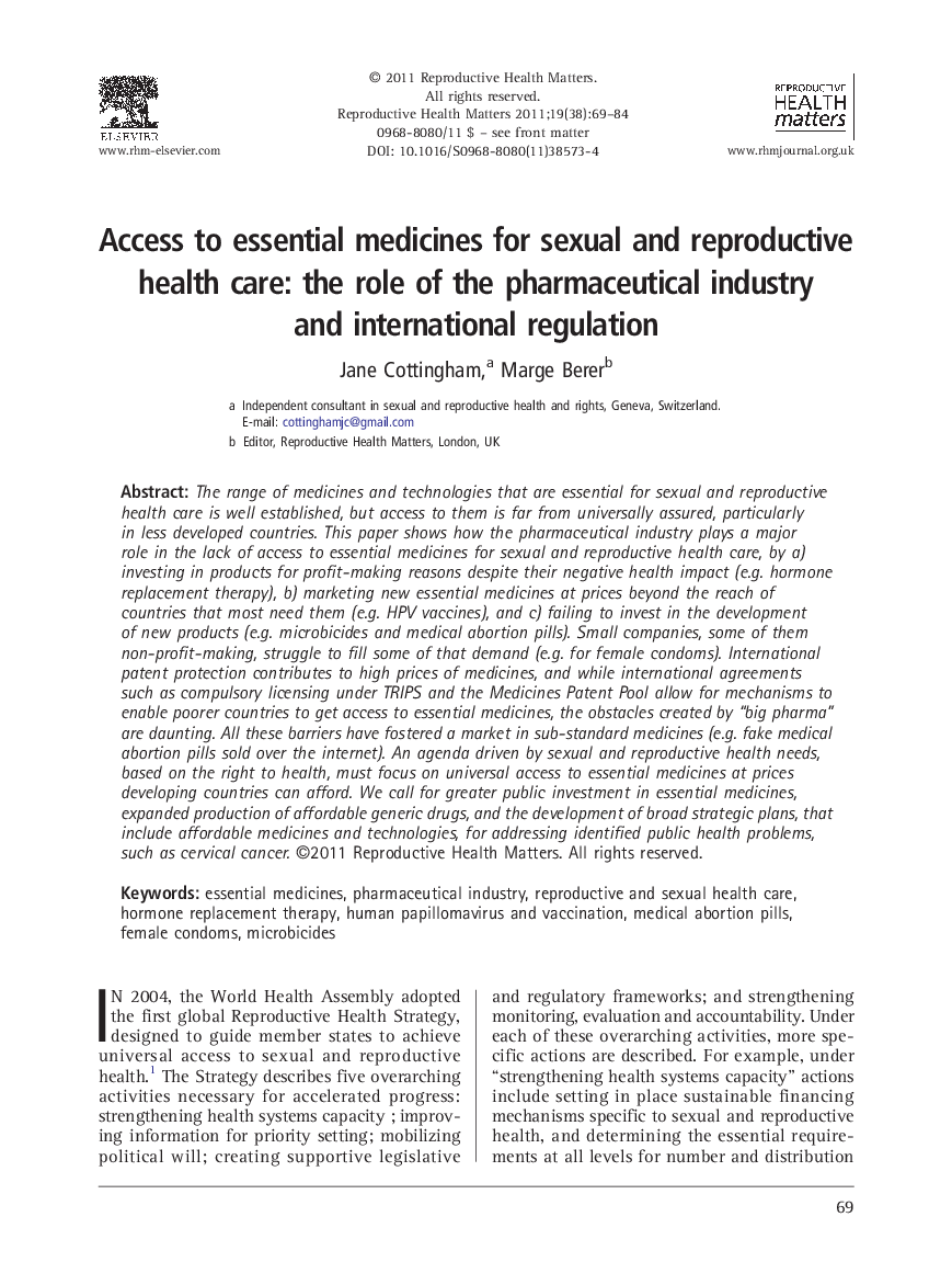 Access to essential medicines for sexual and reproductive health care: the role of the pharmaceutical industry and international regulation