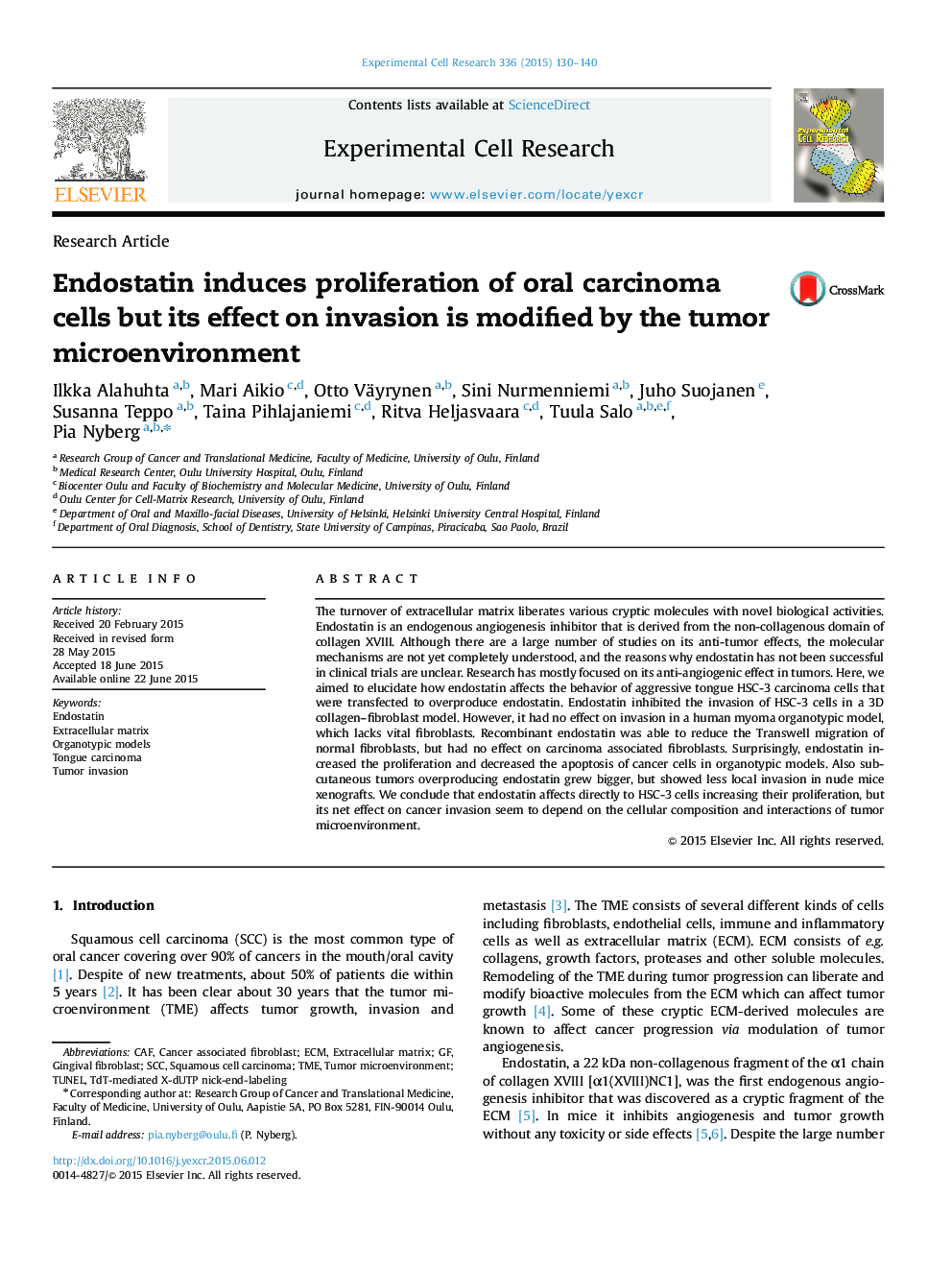 Endostatin induces proliferation of oral carcinoma cells but its effect on invasion is modified by the tumor microenvironment