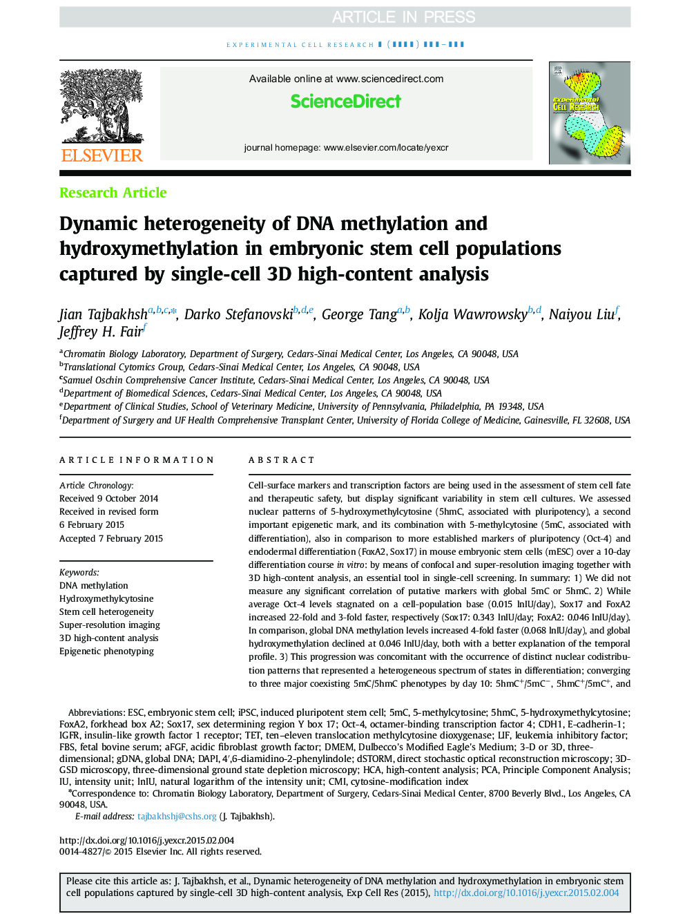 Dynamic heterogeneity of DNA methylation and hydroxymethylation in embryonic stem cell populations captured by single-cell 3D high-content analysis