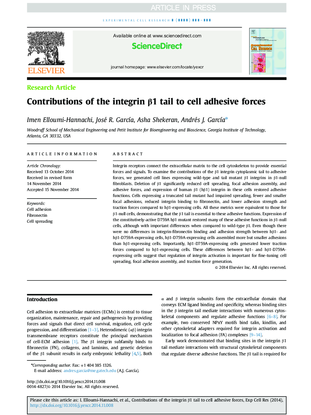 Contributions of the integrin Î²1 tail to cell adhesive forces