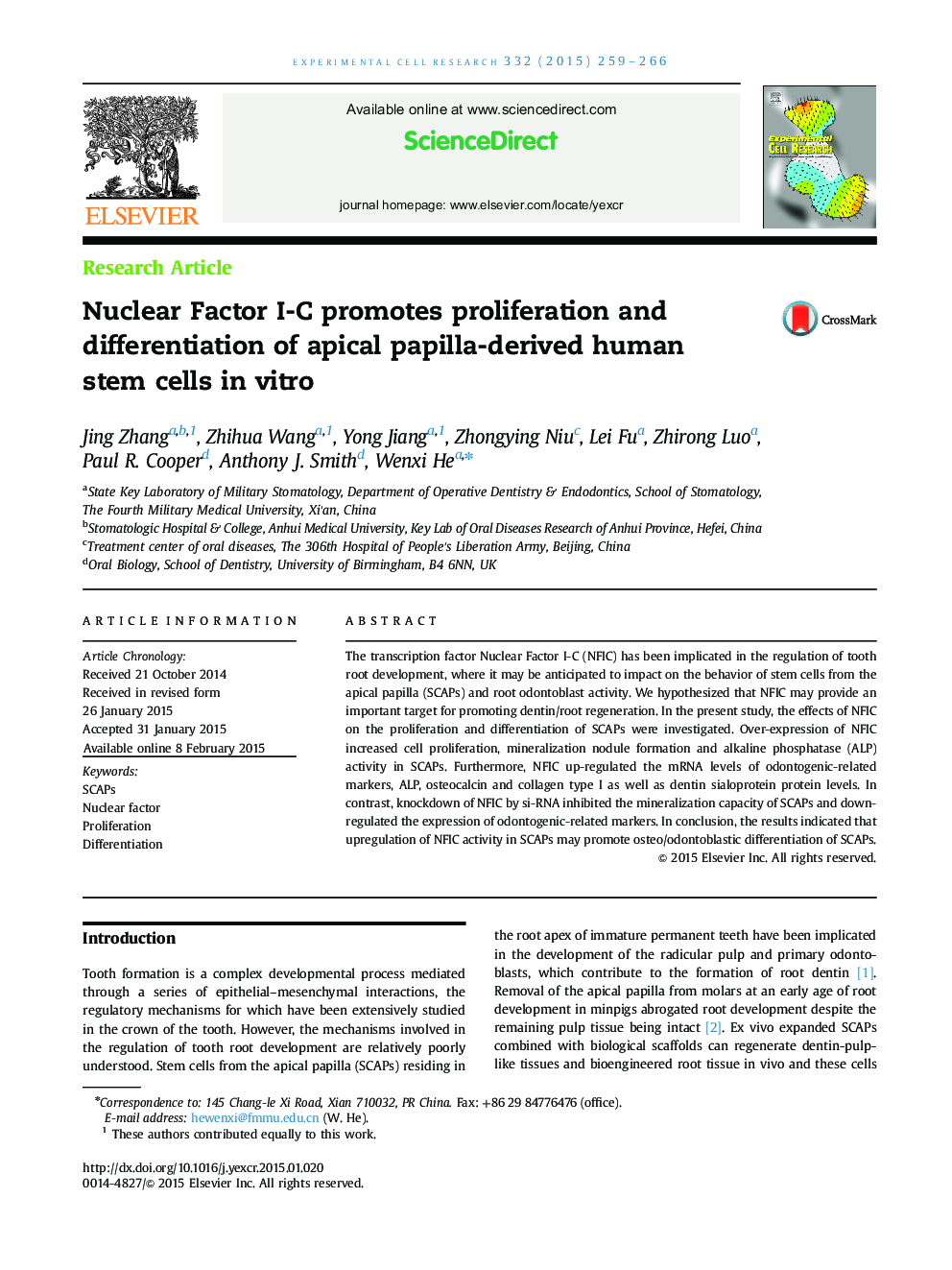 Nuclear Factor I-C promotes proliferation and differentiation of apical papilla-derived human stem cells in vitro