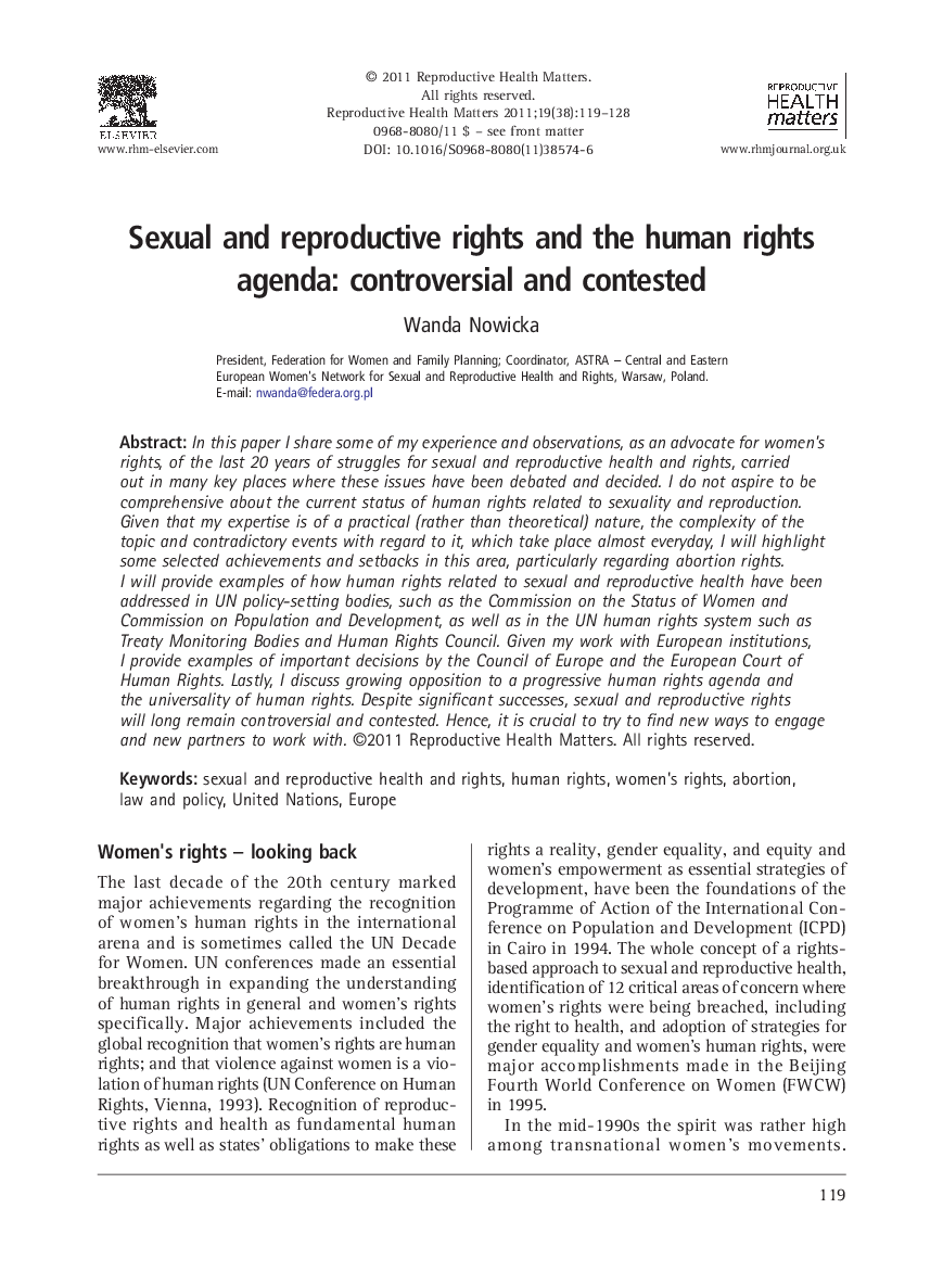 Sexual and reproductive rights and the human rights agenda: controversial and contested