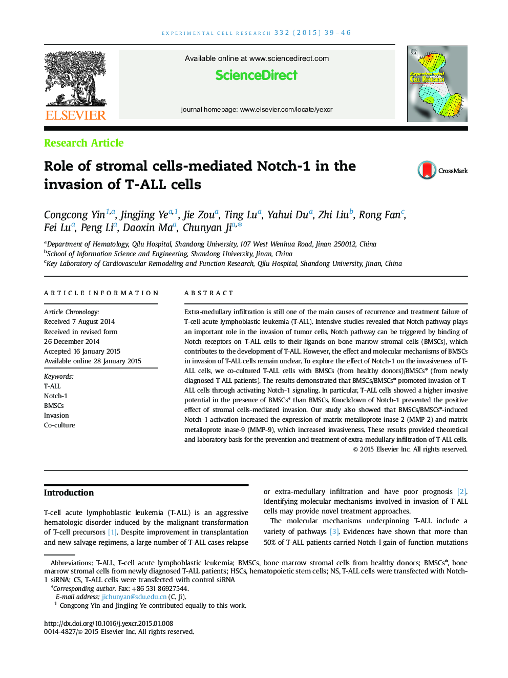 RETRACTED: Role of stromal cells-mediated Notch-1 in the invasion of T-ALL cells