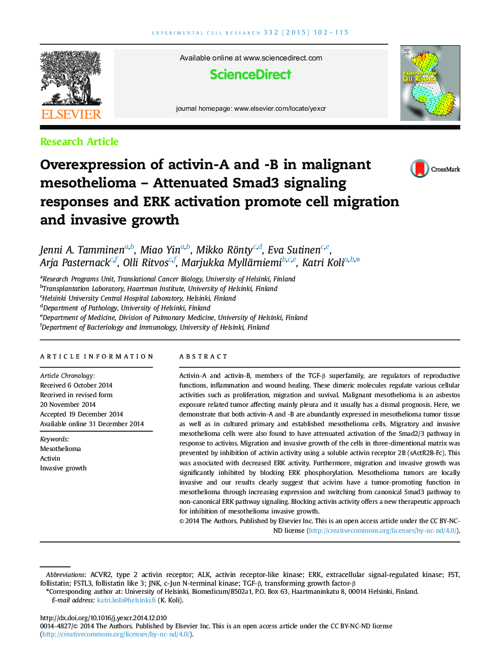 Overexpression of activin-A and -B in malignant mesothelioma - Attenuated Smad3 signaling responses and ERK activation promote cell migration and invasive growth