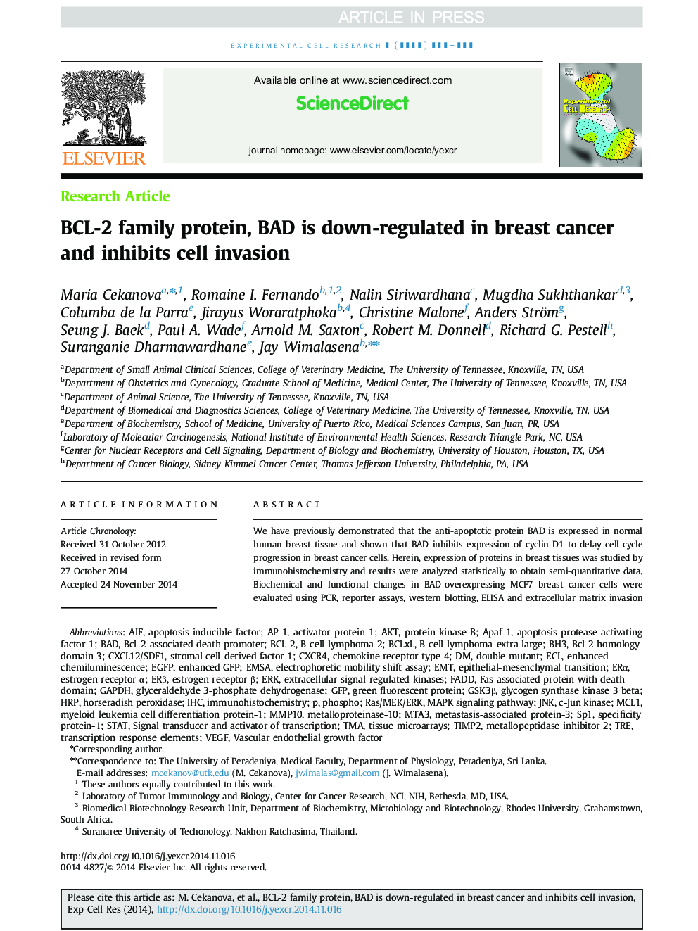 BCL-2 family protein, BAD is down-regulated in breast cancer and inhibits cell invasion