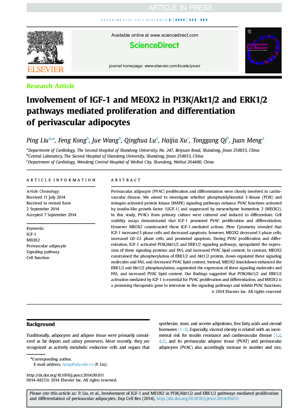 Involvement of IGF-1 and MEOX2 in PI3K/Akt1/2 and ERK1/2 pathways mediated proliferation and differentiation of perivascular adipocytes