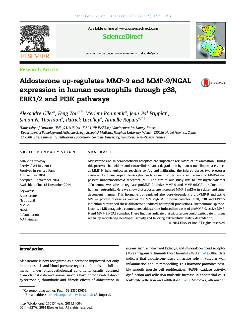 Aldosterone up-regulates MMP-9 and MMP-9/NGAL expression in human neutrophils through p38, ERK1/2 and PI3K pathways