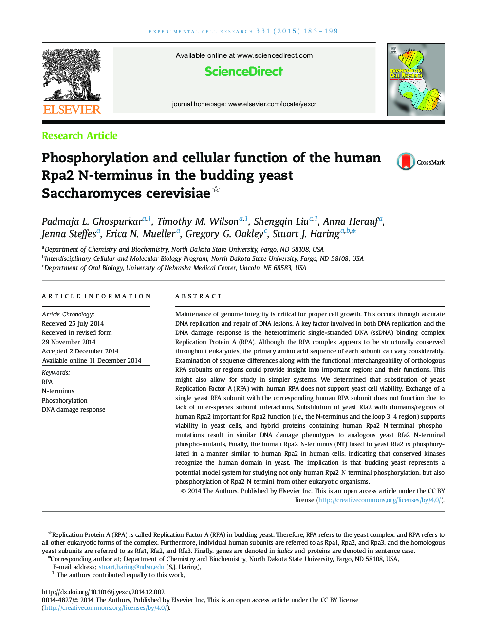 Phosphorylation and cellular function of the human Rpa2 N-terminus in the budding yeast Saccharomyces cerevisiae