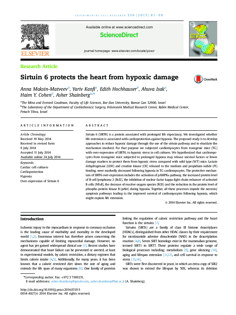 عکس صفحه اول مقاله: Sirtuin 6 protects the heart from hypoxic damage Sirtuin 6 protects the heart from hypoxic damage