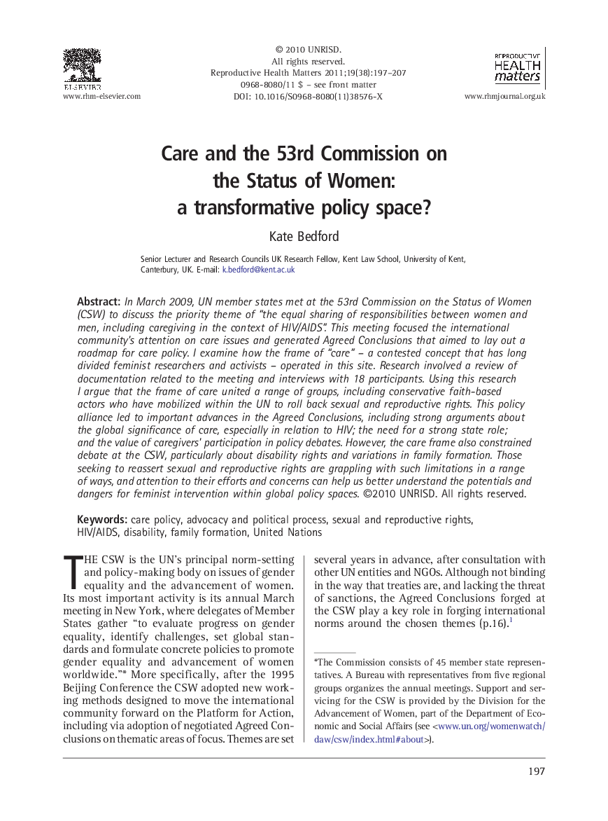 Care and the 53rd Commission on the Status of Women: a transformative policy space?