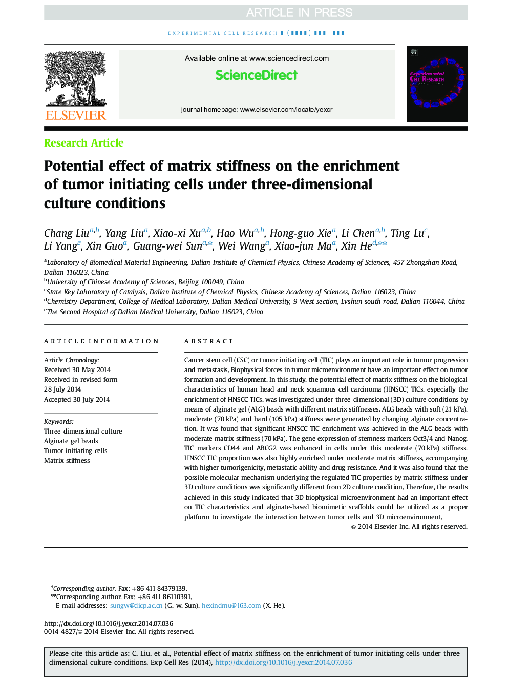 Potential effect of matrix stiffness on the enrichment of tumor initiating cells under three-dimensional culture conditions