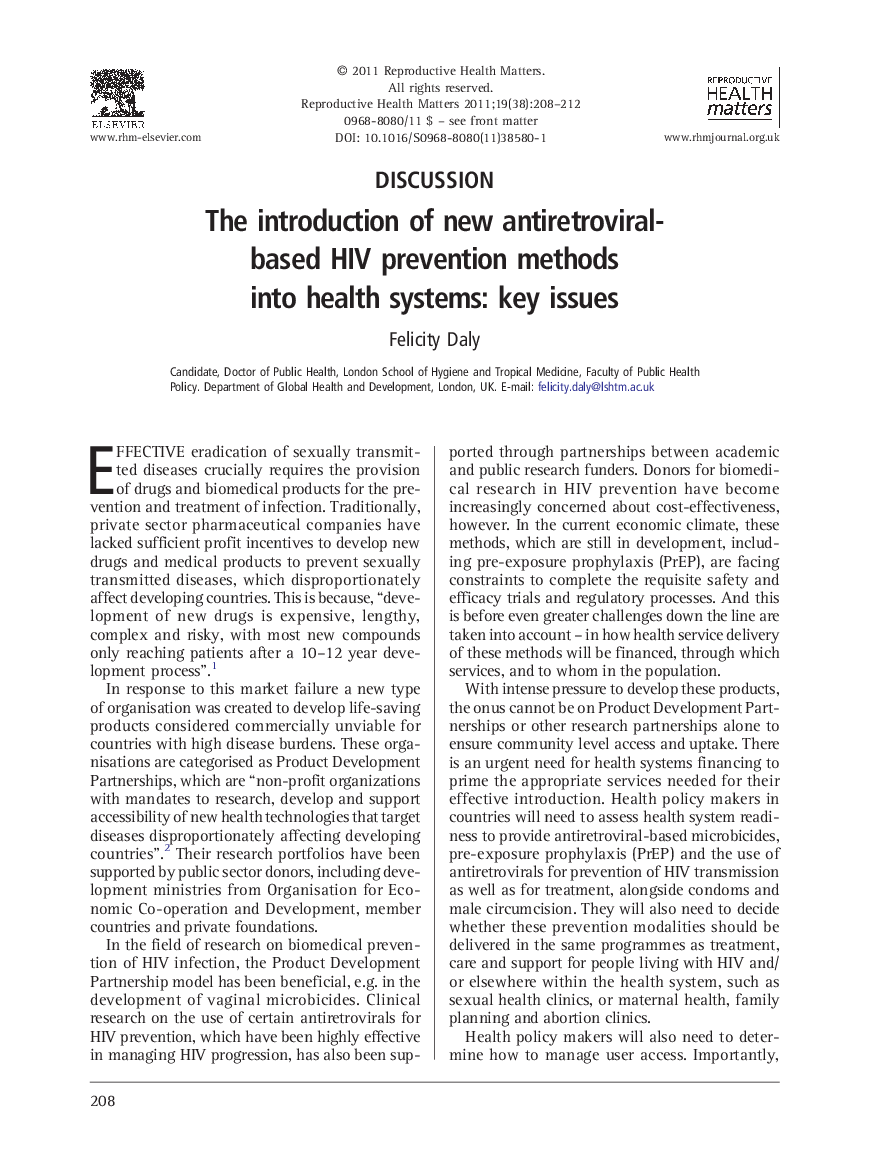 عکس صفحه اول مقاله: The introduction of new antiretroviral-based HIV prevention methods into health systems: key issues The introduction of new antiretroviral-based HIV prevention methods into health systems: key issues