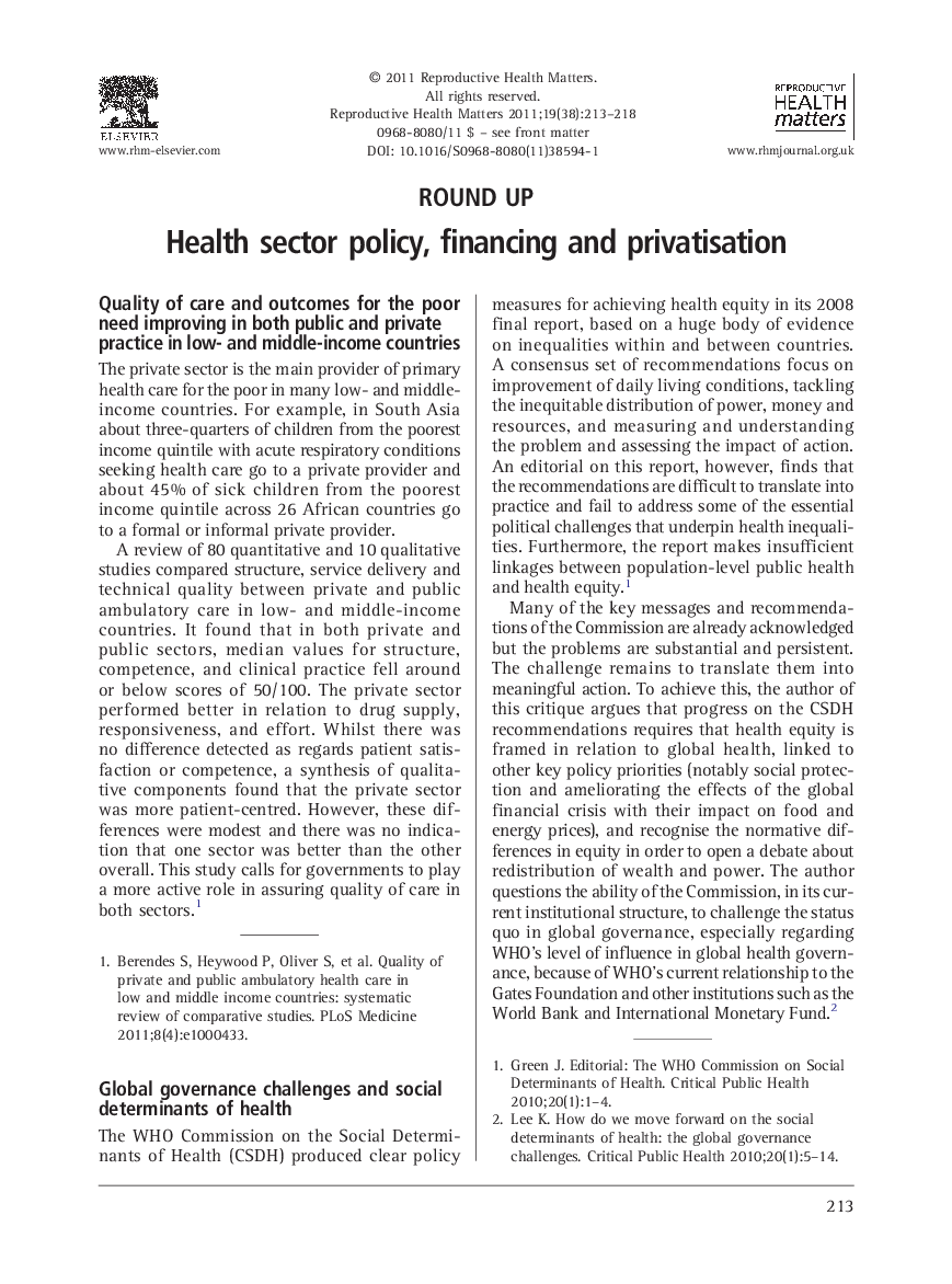 عکس صفحه اول مقاله: Round Up: Health sector policy, financing and privatisation Round Up: Health sector policy, financing and privatisation
