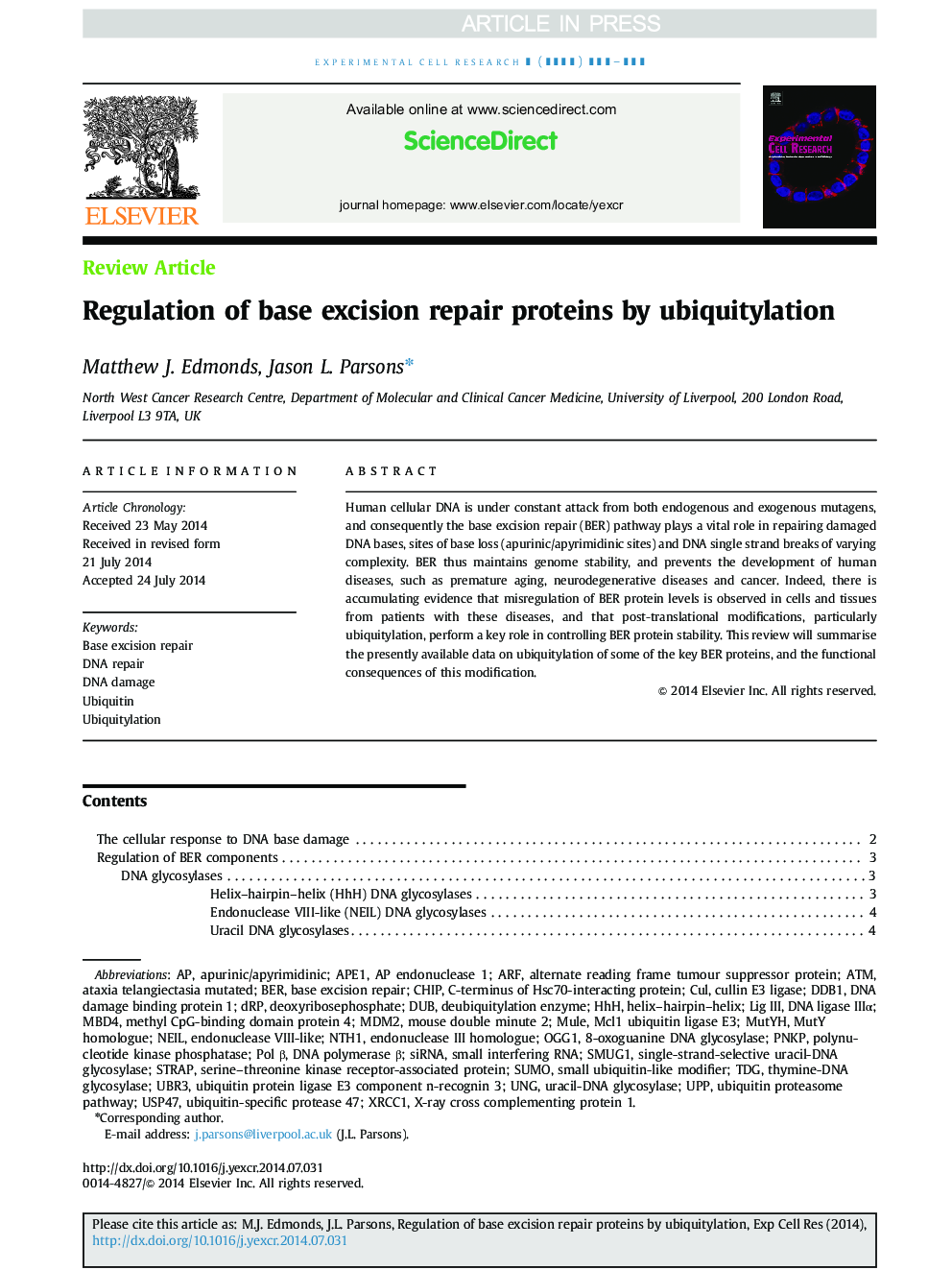 Regulation of base excision repair proteins by ubiquitylation