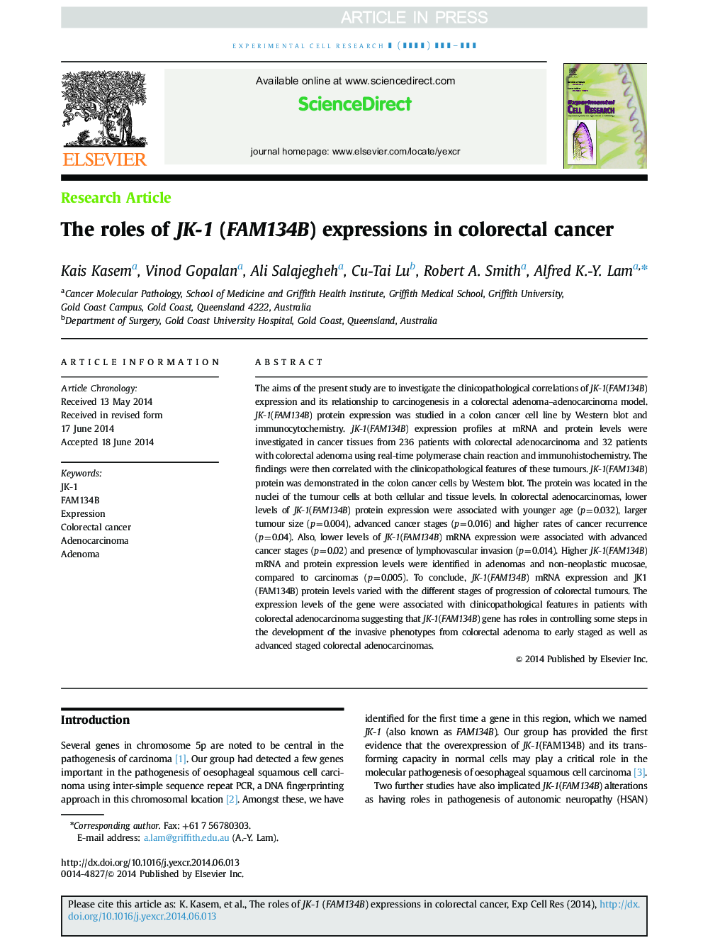 The roles of JK-1 (FAM134B) expressions in colorectal cancer