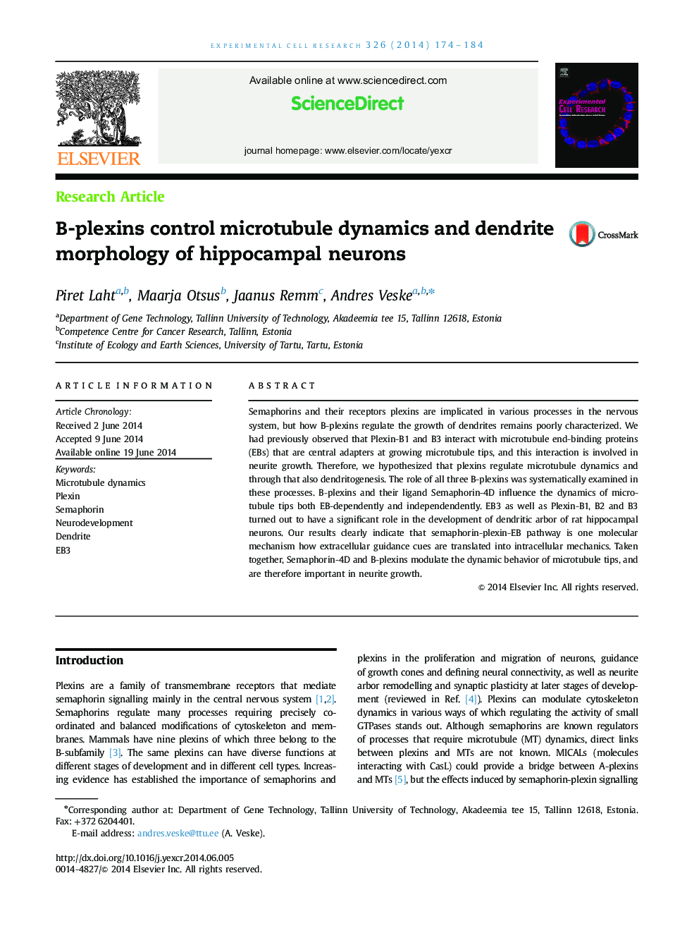 B-plexins control microtubule dynamics and dendrite morphology of hippocampal neurons