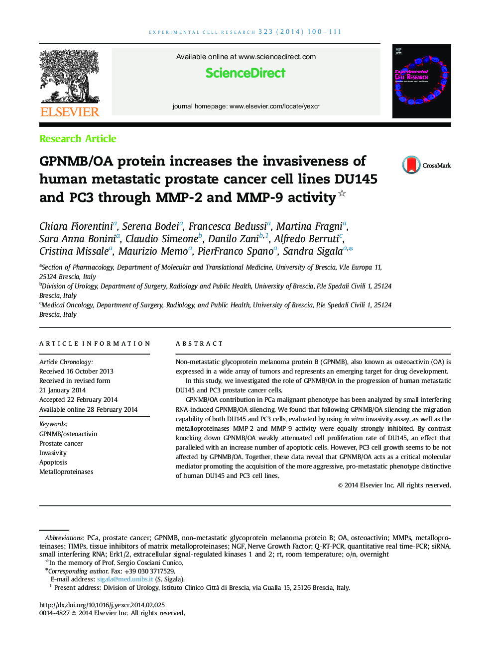 GPNMB/OA protein increases the invasiveness of human metastatic prostate cancer cell lines DU145 and PC3 through MMP-2 and MMP-9 activity