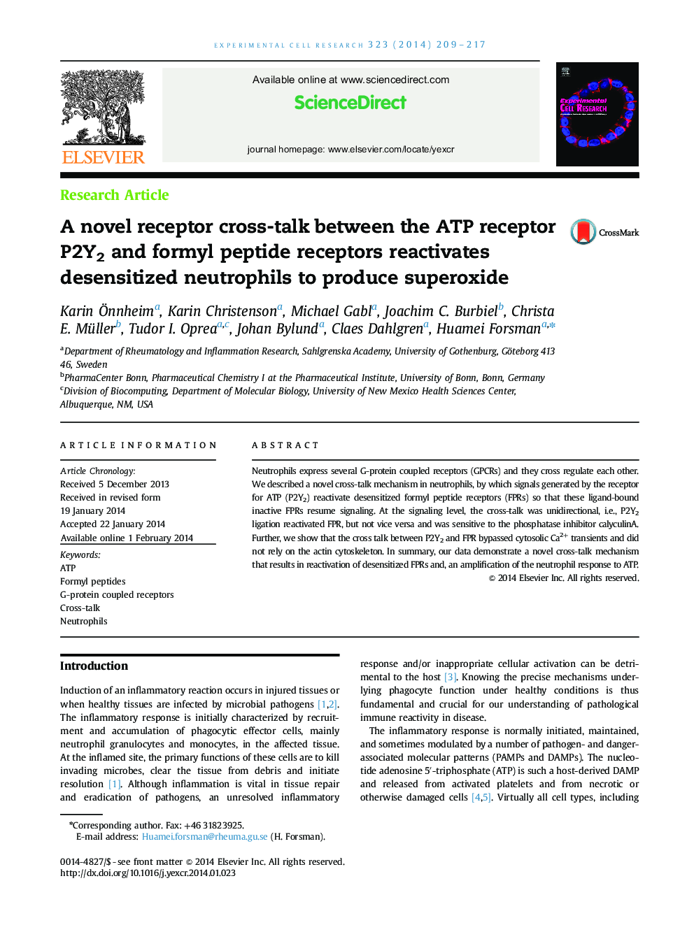 عکس صفحه اول مقاله: A novel receptor cross-talk between the ATP receptor P2Y2 and formyl peptide receptors reactivates desensitized neutrophils to produce superoxide A novel receptor cross-talk between the ATP receptor P2Y2 and formyl peptide receptors reactivates desensitized neutrophils to produce superoxide