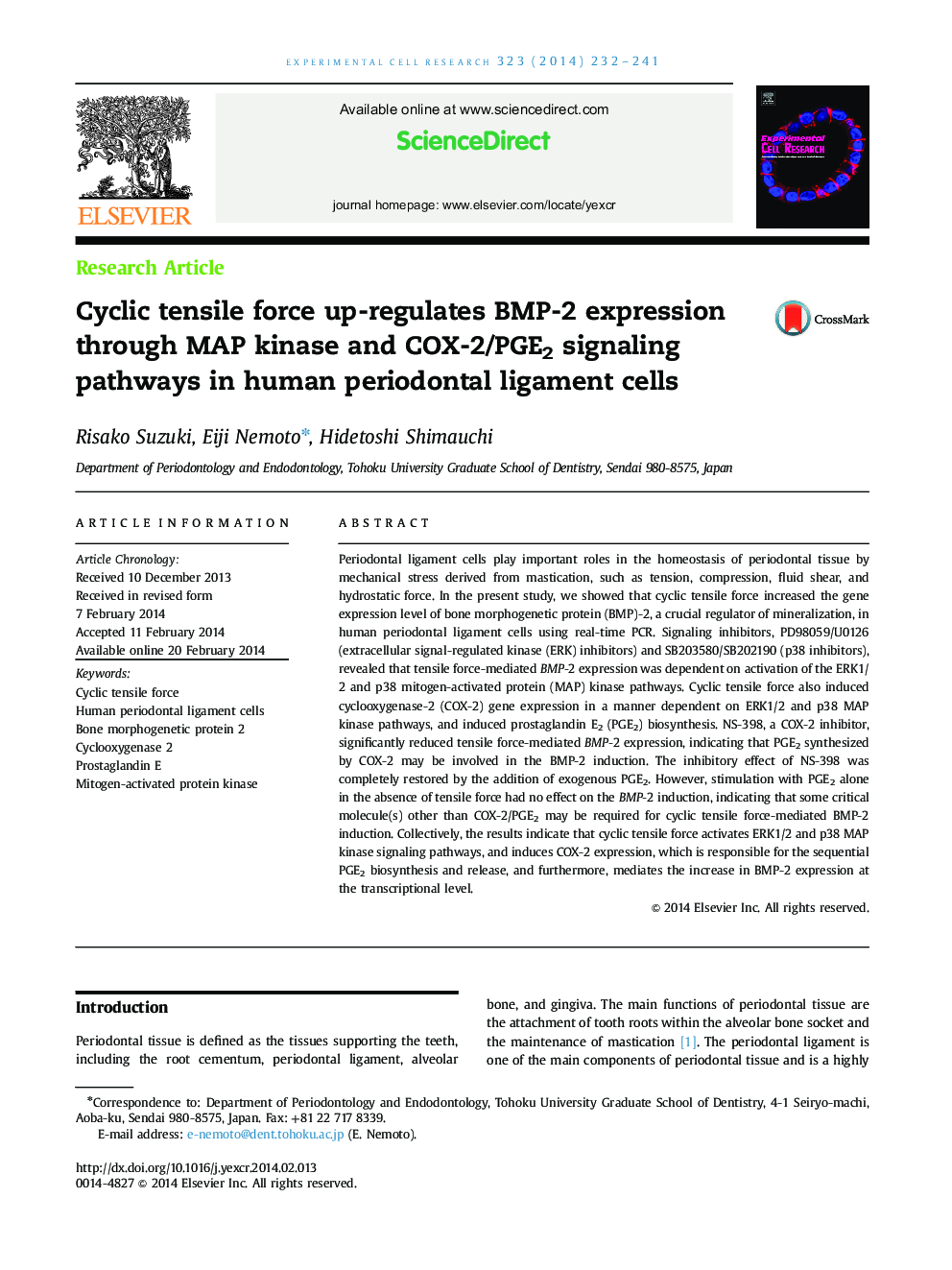 Cyclic tensile force up-regulates BMP-2 expression through MAP kinase and COX-2/PGE2 signaling pathways in human periodontal ligament cells