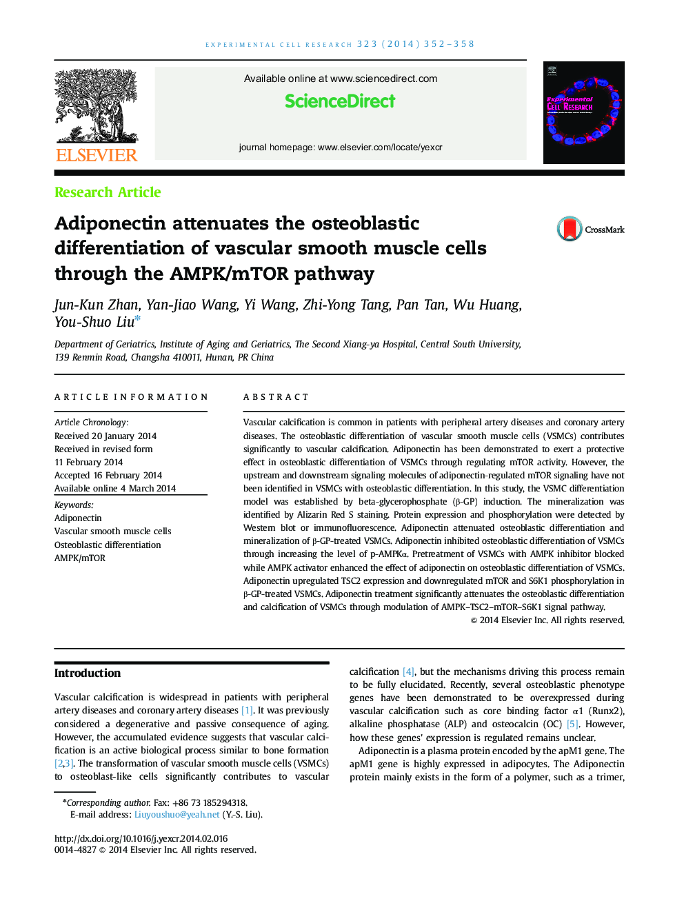 Adiponectin attenuates the osteoblastic differentiation of vascular smooth muscle cells through the AMPK/mTOR pathway