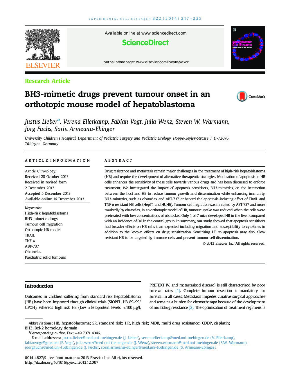 BH3-mimetic drugs prevent tumour onset in an orthotopic mouse model of hepatoblastoma