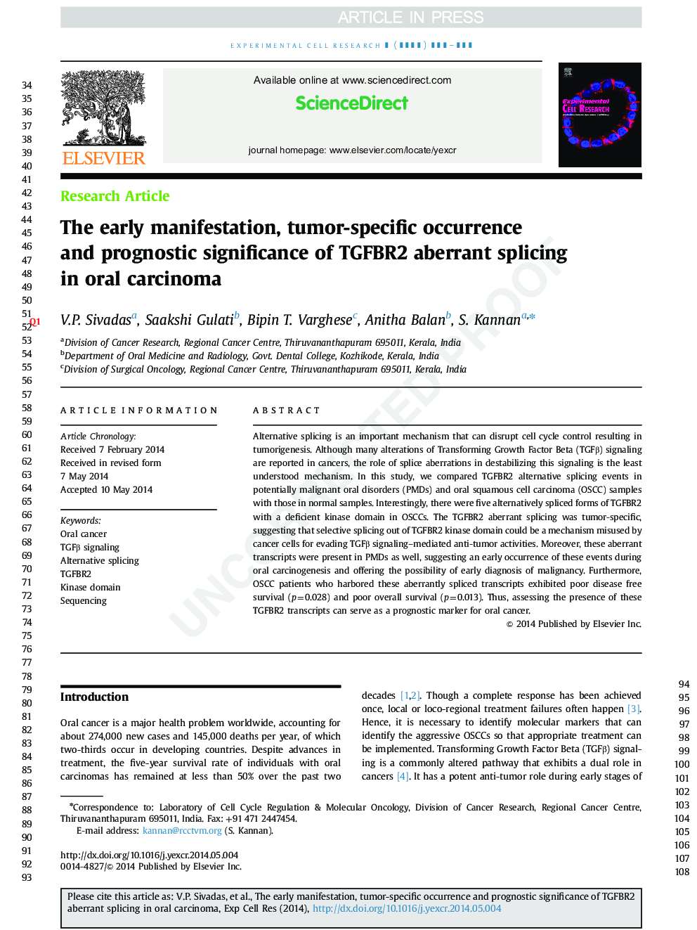 The early manifestation, tumor-specific occurrence and prognostic significance of TGFBR2 aberrant splicing in oral carcinoma