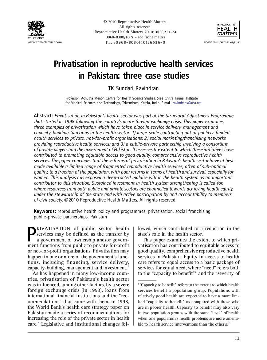 Privatisation in reproductive health services in Pakistan: three case studies