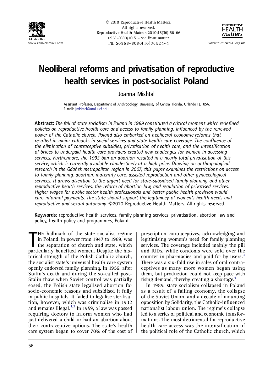 Neoliberal reforms and privatisation of reproductive health services in post-socialist Poland