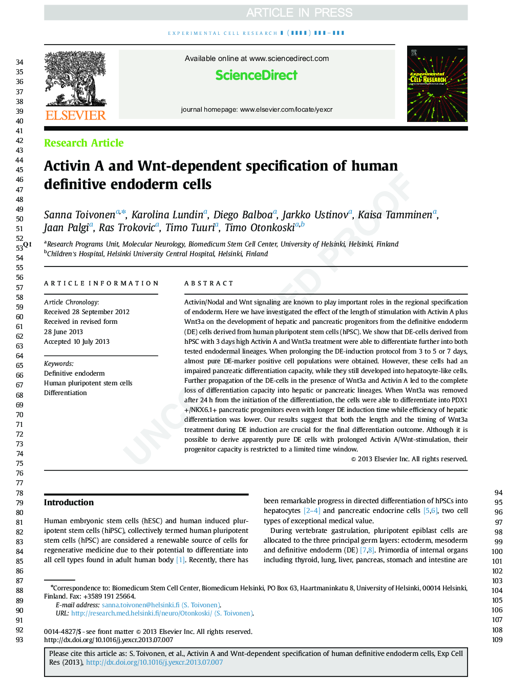 Activin A and Wnt-dependent specification of human definitive endoderm cells