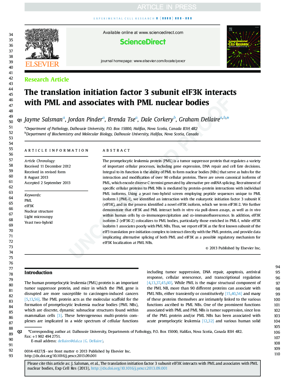 The translation initiation factor 3 subunit eIF3K interacts with PML and associates with PML nuclear bodies