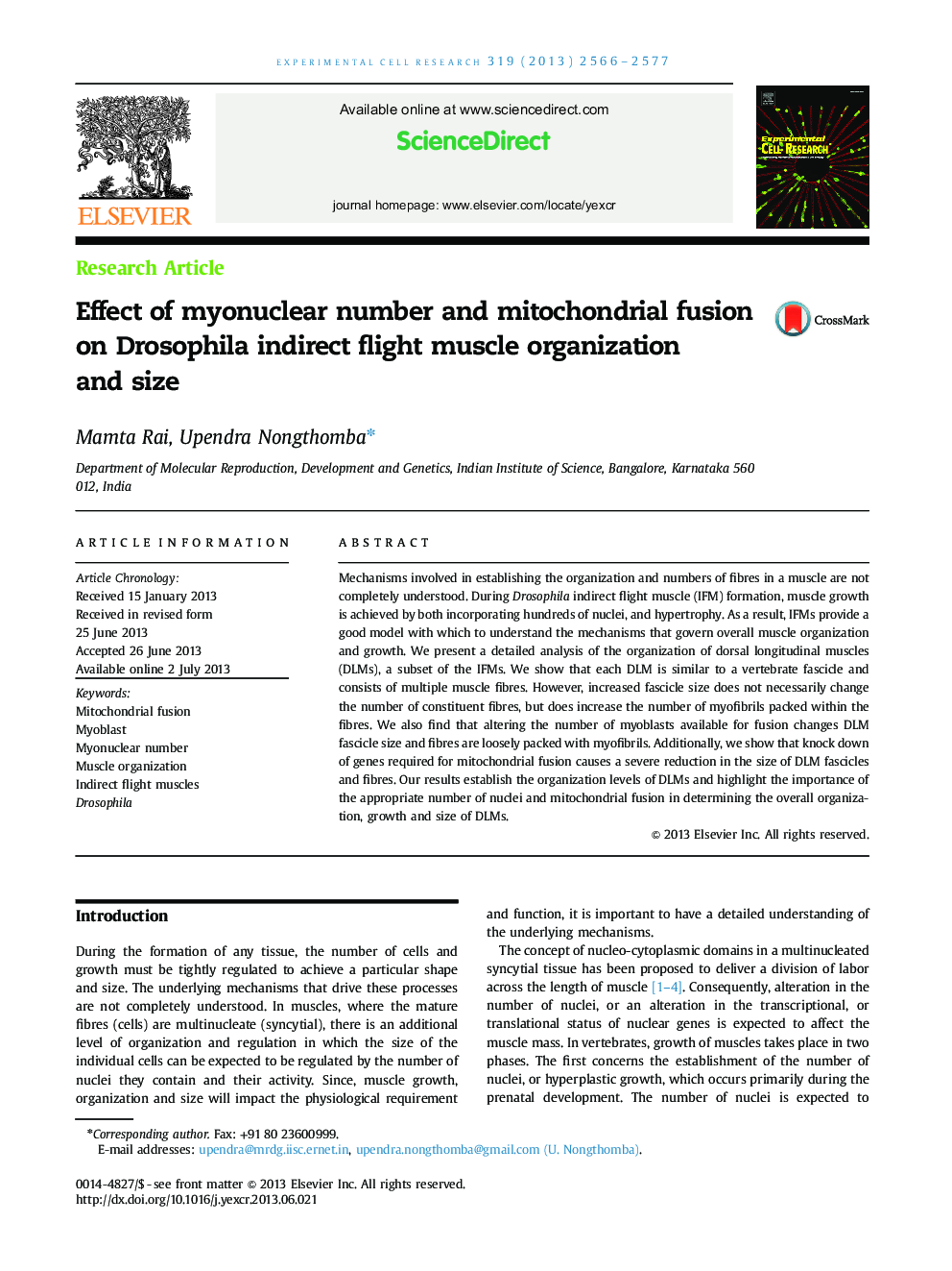 Effect of myonuclear number and mitochondrial fusion on Drosophila indirect flight muscle organization and size