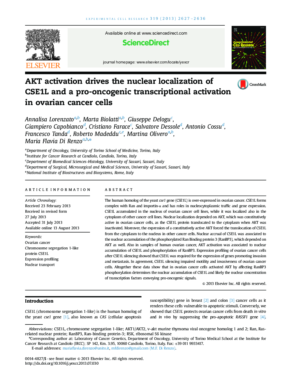 AKT activation drives the nuclear localization of CSE1L and a pro-oncogenic transcriptional activation in ovarian cancer cells