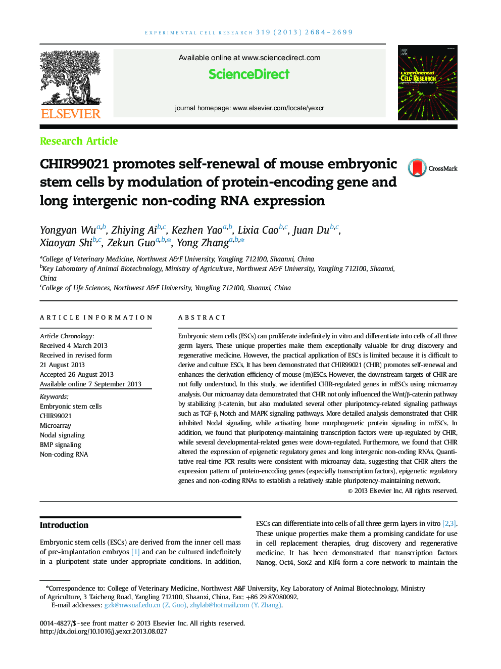CHIR99021 promotes self-renewal of mouse embryonic stem cells by modulation of protein-encoding gene and long intergenic non-coding RNA expression