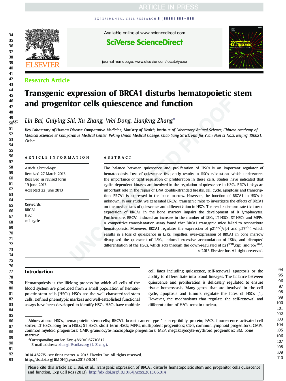 Transgenic expression of BRCA1 disturbs hematopoietic stem and progenitor cells quiescence and function