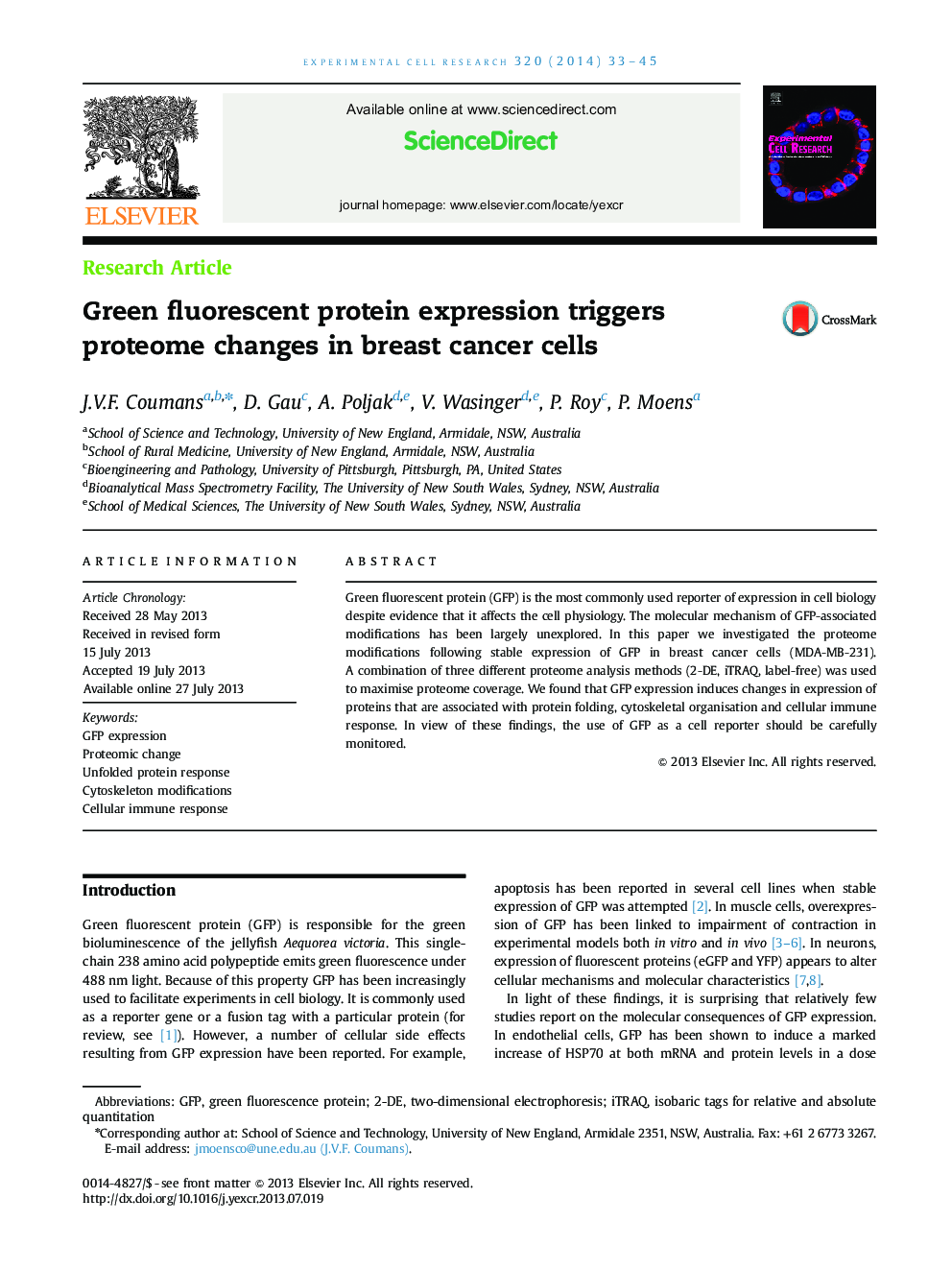 Green fluorescent protein expression triggers proteome changes in breast cancer cells