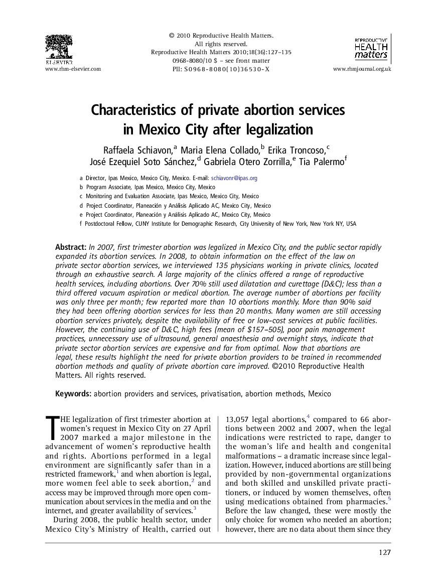 Characteristics of private abortion services in Mexico City after legalization