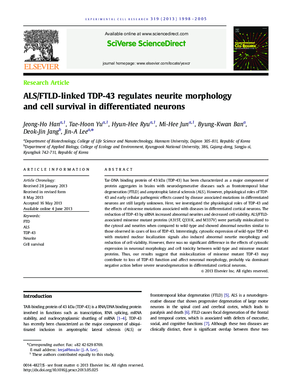 ALS/FTLD-linked TDP-43 regulates neurite morphology and cell survival in differentiated neurons