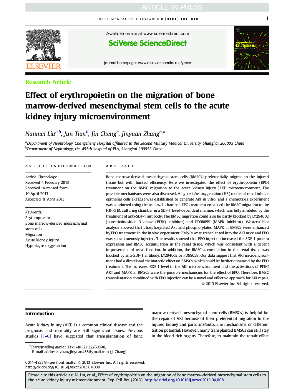 Effect of erythropoietin on the migration of bone marrow-derived mesenchymal stem cells to the acute kidney injury microenvironment