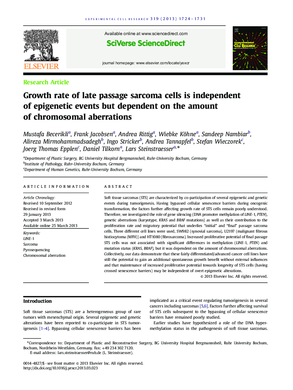 Growth rate of late passage sarcoma cells is independent of epigenetic events but dependent on the amount of chromosomal aberrations