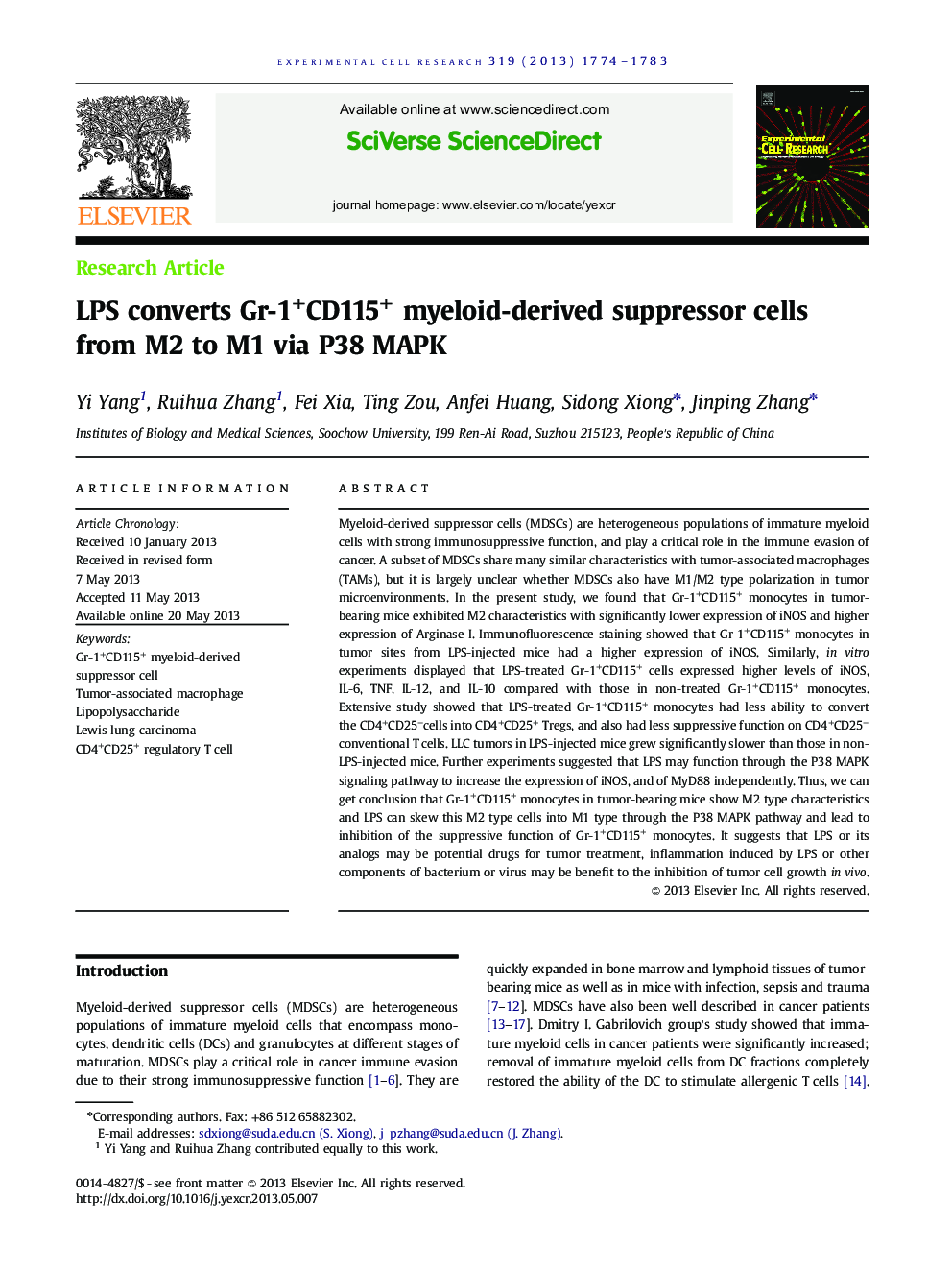 LPS converts Gr-1+CD115+ myeloid-derived suppressor cells from M2 to M1 via P38 MAPK